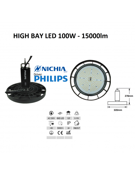 100W LED sandėlio šviestuvas HIGH BAY - 15000lm - 4500K