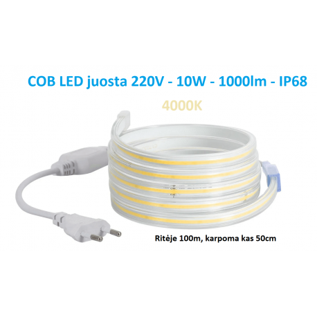 COB LED juosta 220V - 10W - neutrali balta IP68