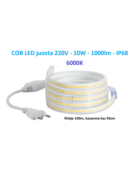 COB LED juosta 220V - 10W - šaltai balta IP68