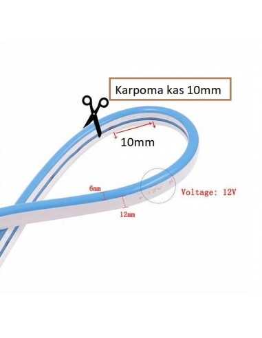 LED juosta NEON FLEX 12V - 3000K - IP67 - 5 metrai - 1cm cut