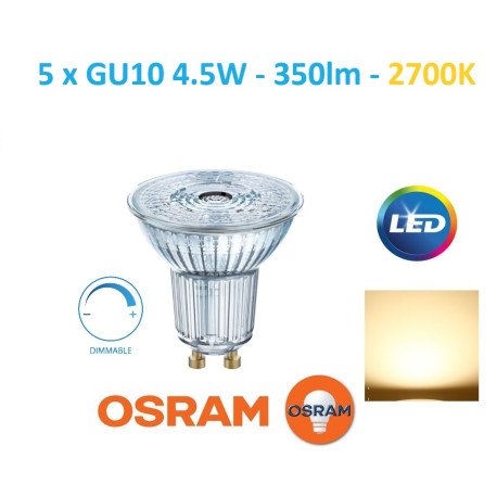 5 x OSRAM LED lemputė GU10 - 4.5W - 350lm - 36° - 2700K DIM