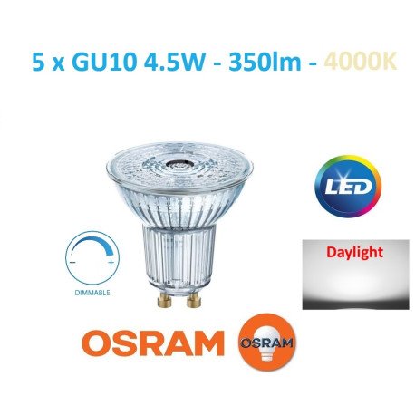 5 x OSRAM LED lemputė GU10 - 4.5W - 350lm - 36° - 4000K DIM