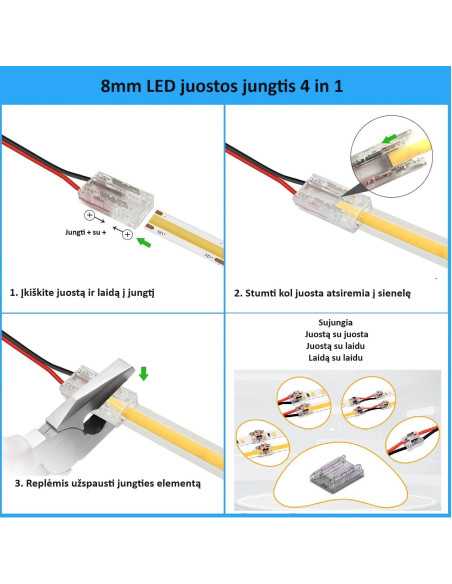 Greita LED juostos jungtis - 2 kontaktų 8mm 4in1 Greita LED juostos jungtis - 2 kontaktų 8mm 4in1