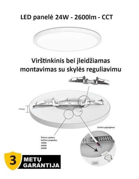 Įleidžiama ir virštinkinė LED panelė - 24W - 2600lm - CCT