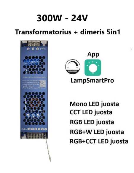 LED maitinimo šaltinis ir juostos valdiklis viename 24V - 300W 5 in 1
