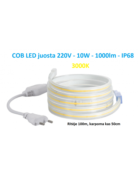 50m x  COB LED juosta 220V - 10W - šiltai balta 3000K IP68