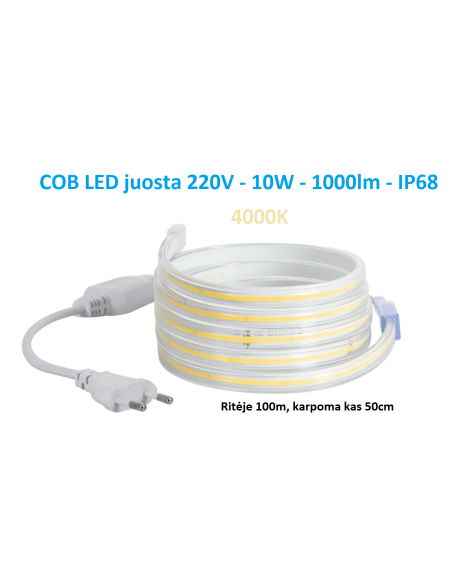 50m x COB LED juosta 220V - 10W - neutrali balta 4000K IP68