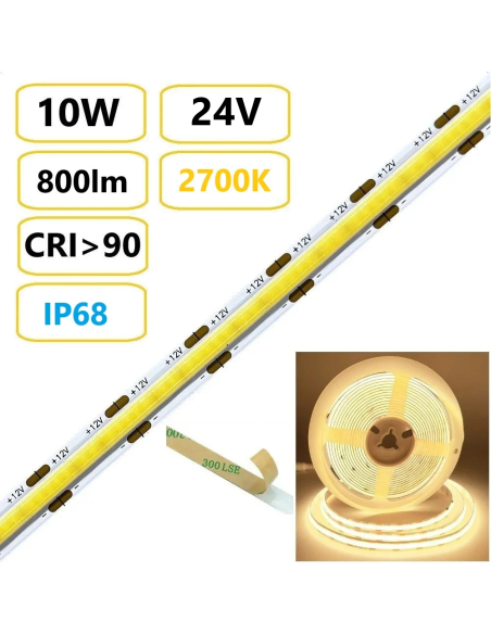 COB LED juosta 10W - 24V - 2700K - IP68 - 10 metrų