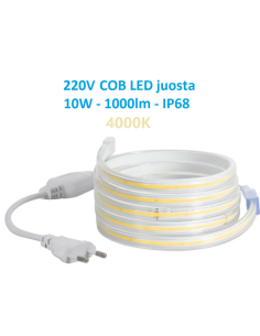 COB LED juosta 220V - 10W - neutrali balta 4000K IP68