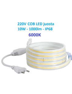 COB LED juosta 220V - 10W - šaltai balta 6000K IP68