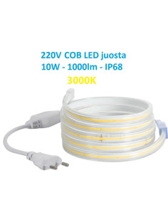COB LED juosta 220V - 10W - šiltai balta 3000K IP68