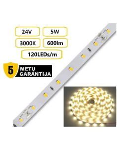 LED juosta - 5W - 24V - 3000K - IP20 šiltai balta 120 LEDų metre