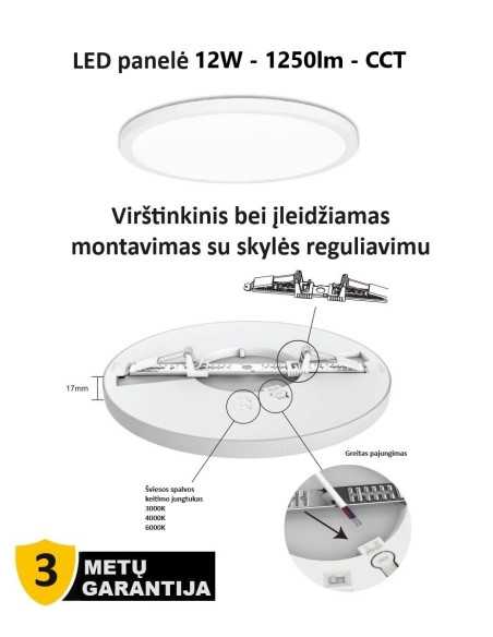 Įleidžiama ir virštinkinė LED panelė - 12W - 1250lm - CCT