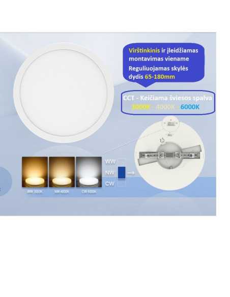 Įleidžiama ir virštinkinė LED panelė - 24W - 2600lm - CCT