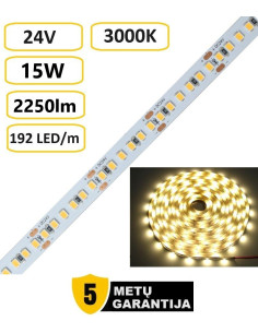 LED juosta - 24V - 15W - 2250lm - 3000K - 192LED - 5 metų garantija