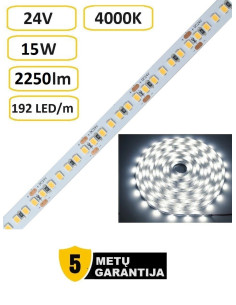 LED juosta - 24V - 15W - 2250lm - 4000K - 192LED - 5 metų garantija