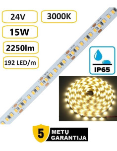 LED juosta - 24V - 15W - 2250lm - 3000K -IP65 - 192LED - 5 metų garantija