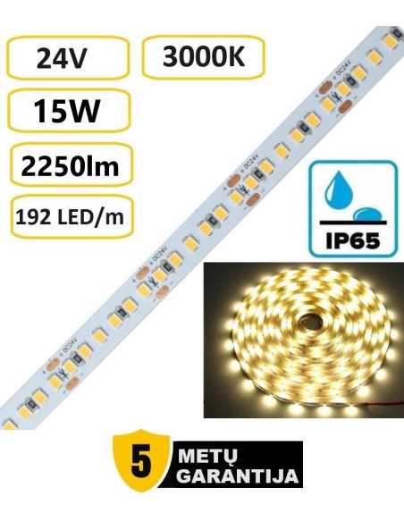 LED juosta - 24V - 15W - 2250lm - 3000K -IP65 - 192LED - 5 metų garantija