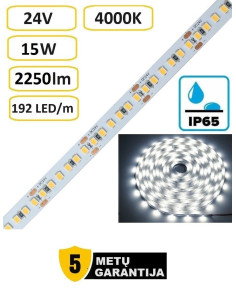 LED juosta - 24V - 15W - 2250lm - 4000K - IP65 - 192LED - 5 metų garantija