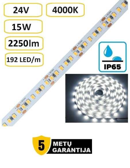 LED juosta - 24V - 15W - 2250lm - 4000K - IP65 - 192LED - 5 metų garantija