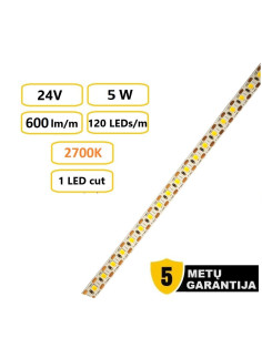 LED juosta - 5W - 24V - 2700K - IP20 šiltai balta - 1cm cut