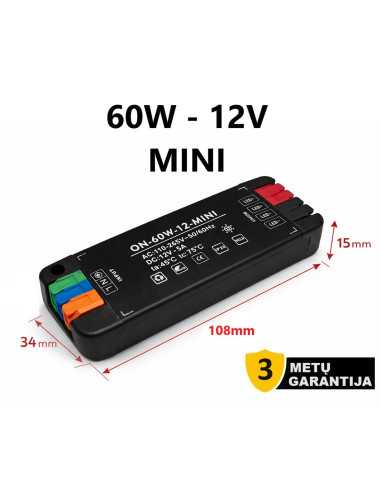 Itin plonas baldinis MINI LED maitinimo šaltinis 12V 60W IP20 | www.Luxon.lt