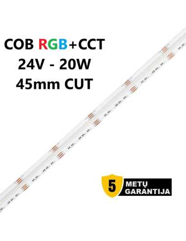 RGB+CCT COB LED juosta 24V 20W – vientisa šviesa ir spalvų valdymas | Luxon.lt