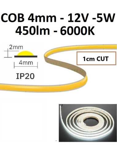 COB LED juosta 4mm 5W - 12V - 6000K - 1cm CUT