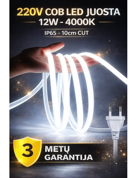 220V COB LED juosta - 12W - 4000K IP65 - 10cm CUT