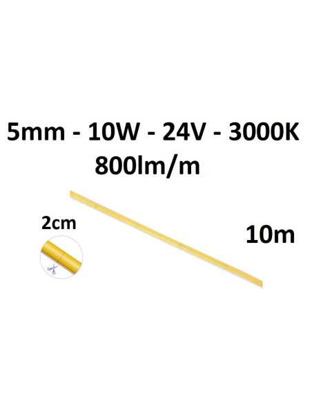 10 x COB LED juosta 5mm 10W - 24V - 3000K - 800lm - 2cm CUT