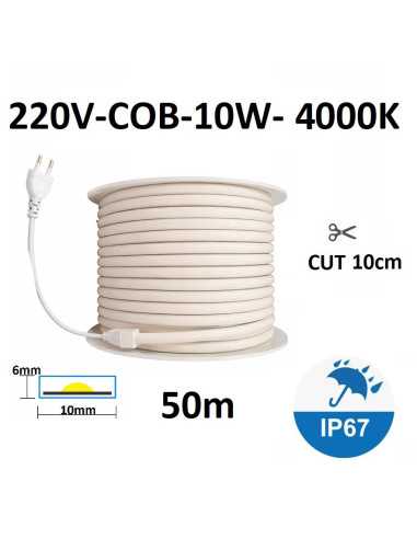 50m 220V COB LED juosta - 10W - 4000K - IP67 -white head