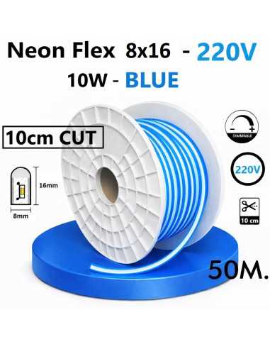 50m x NEON FLEX 8x16mm LED juosta 220V - 10W - BLUE - 10cm CUT