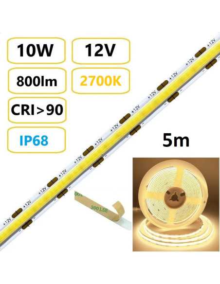 COB LED juosta 10W - 12V - 2700K - IP68 - 5 metrai