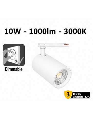 Akcentinis Track šviestuvas 1 fazės baltas - 10W - 1000lm - 3000K -Dimeriuojamas