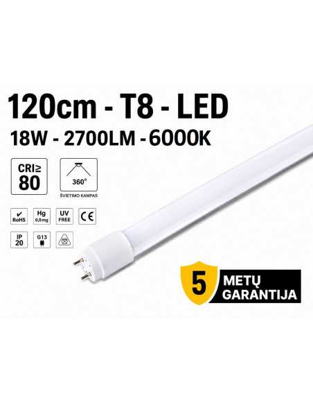 T8 LED lempa 120cm - 18W - 2700lm - 6000K - 5 metų garantija