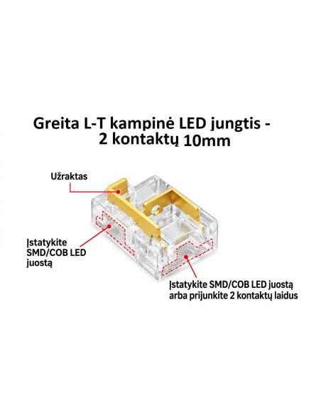 Greita L-T kampinė LED juostos jungtis - 2 kontaktų 10mm