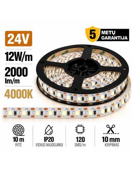 Premium LED juosta 24V  - 12W/m - 2000lm - 4000K - 1cm CUT